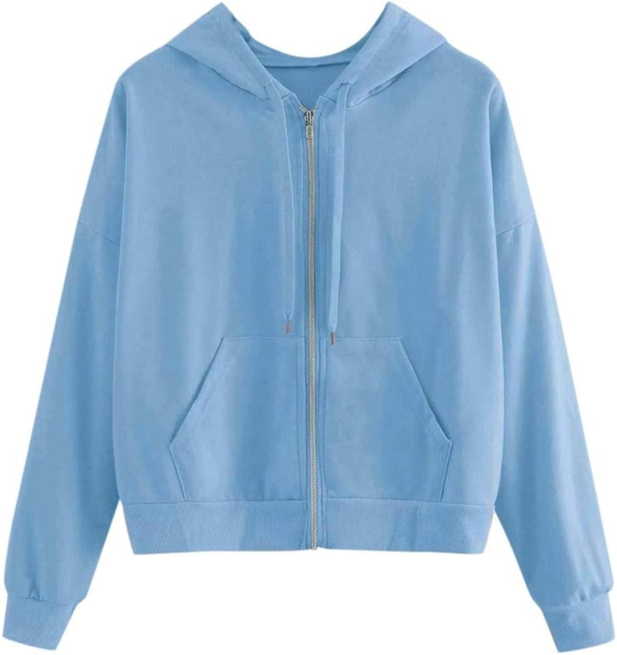 Chic Blue Cropped Hoodie for Women - Stylish Zip-Up Long Sleeve Pullover Sweatshirt