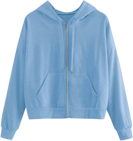 Chic Blue Cropped Hoodie for Women - Stylish Zip-Up Long Sleeve Pullover Sweatshirt