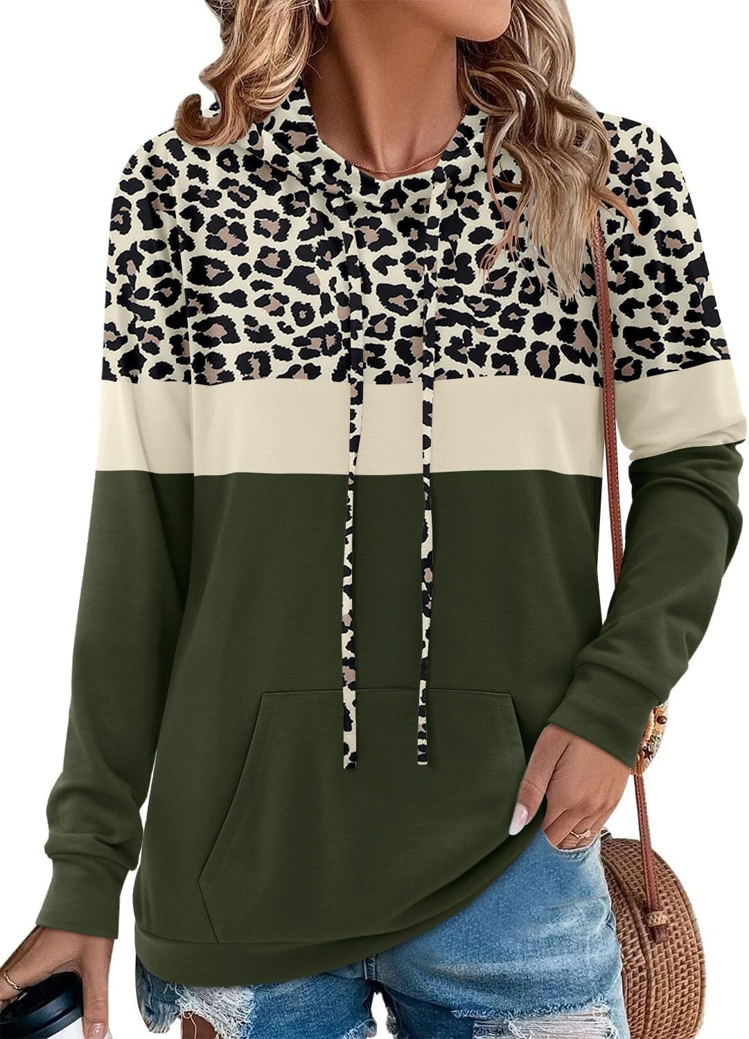 Chic  Camo Leopard Print Hoodies for Women - Stylish Pullover Sweatshirt with Drawstring and Pocket