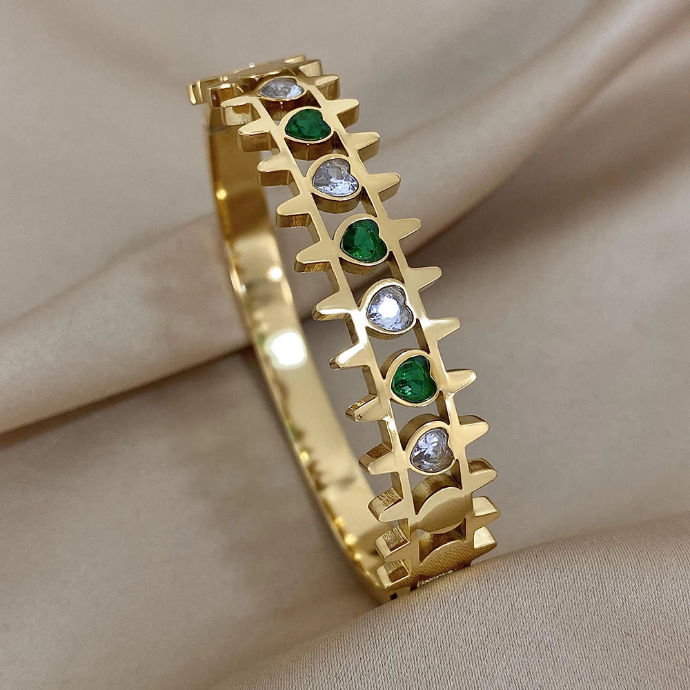 Luxury Stainless Steel Cuff Bracelet For Women Mens Gold Silver Color Couple Bracelets Green White Rhinestone Wide Bangle Gift