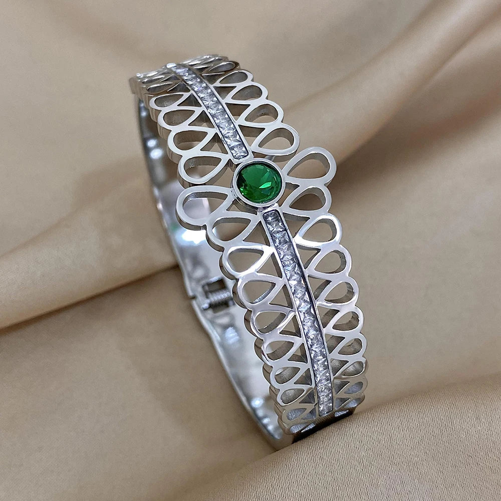 Luxury Stainless Steel Cuff Bracelet For Women Mens Gold Silver Color Couple Bracelets Green White Rhinestone Wide Bangle Gift