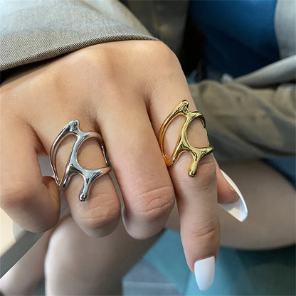 Creative Geometric Irregular Melt Metal Open Rings for Women Teens Gold ColorSilver Color Hollow Cool Punk Finger Ring Jewelry