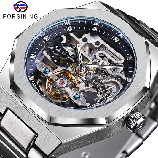 Forsining Casual Automatic Watch 3D Diamond Skeleton Hollow Mens Wristwatches Luminous Military Watches Tourbillon Montre Homme