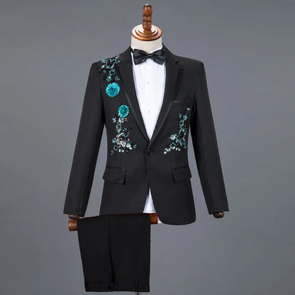 Red Diamond Floral Men Suits for Wedding Mens Suits 3 Piece Blazer+Pant+Bow Tie Fashion Tuxedo Men Suit Set Stage Costume Homme