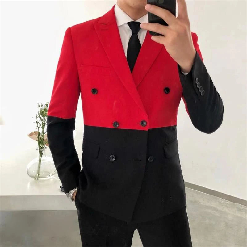 Men's Blazer Hombre Semi-Black Red White Double-Breasted Blazer Masculino Slim Wedding Prom Fashion Stitching Men's Blazer Men