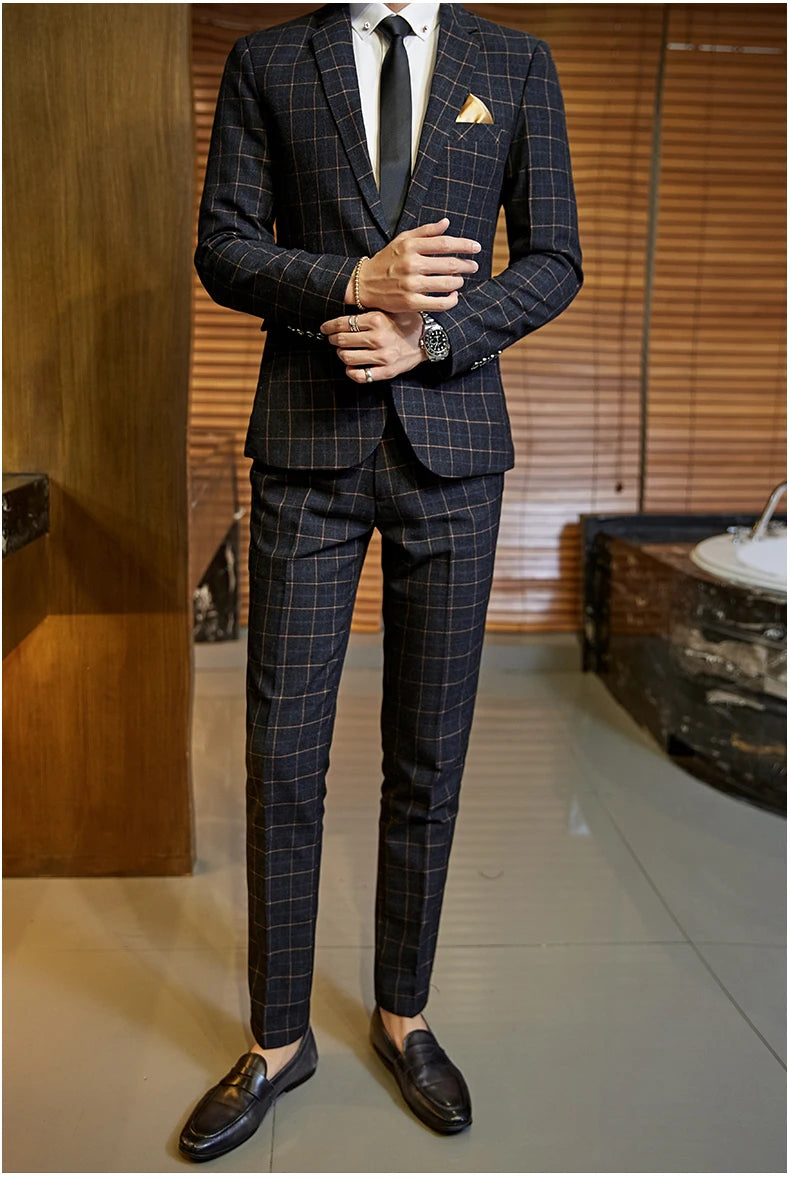 Blazer Vest Pants Groom Wedding Dress Stage Party Suit Three Piece Set and Two Piece Set Mens casual business classic plaid suit