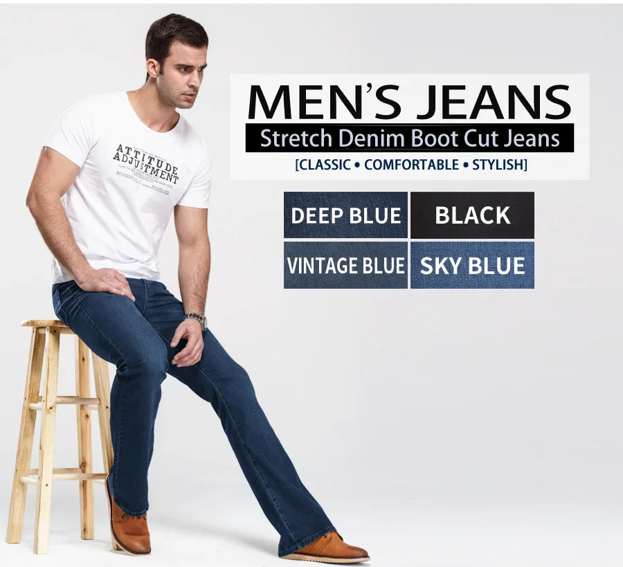 Mens Boot Cut Jeans Slightly Flared Slim Fit Blue Black Trousers Designer Classic Male Stretch Denim Pants