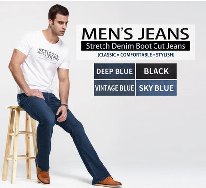 Mens Boot Cut Jeans Slightly Flared Slim Fit Blue Black Trousers Designer Classic Male Stretch Denim Pants