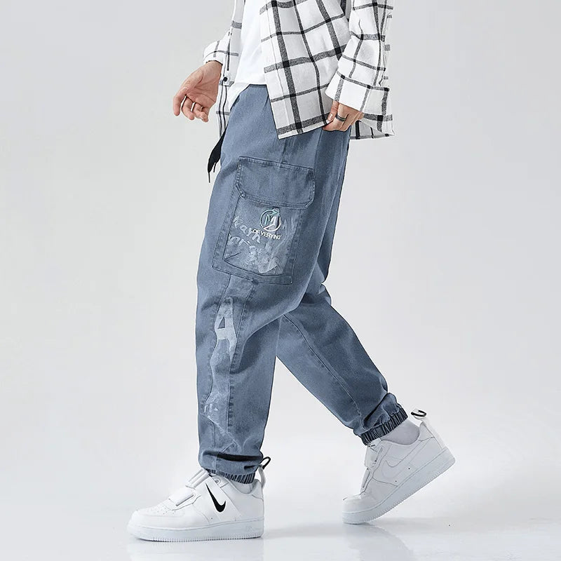 Plus Size Jeans Men Loose Joggers Streetwear Harem Jeans Cargo Pants Ankle-Length Denim Trousers