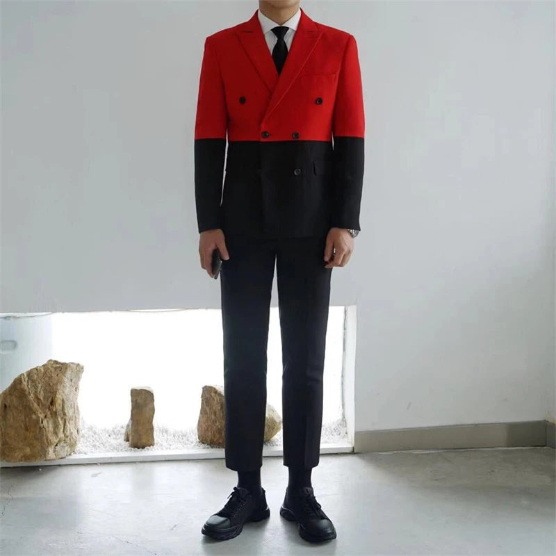 Men's Blazer Hombre Semi-Black Red White Double-Breasted Blazer Masculino Slim Wedding Prom Fashion Stitching Men's Blazer Men