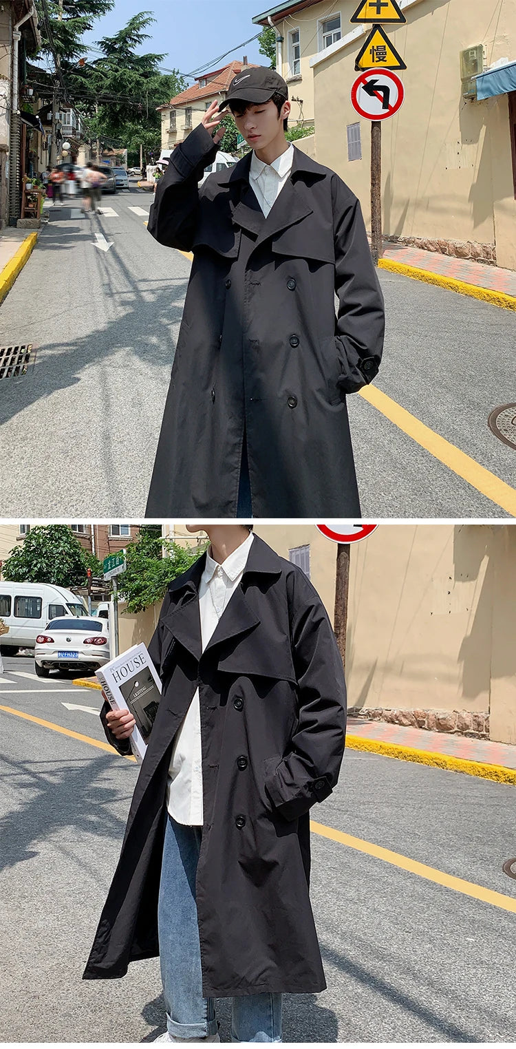 Korean style Spring Trench Coat Male Streetwear Windbreaker Trenchcoat Men Solid Business Casual Loose Long Overcoat