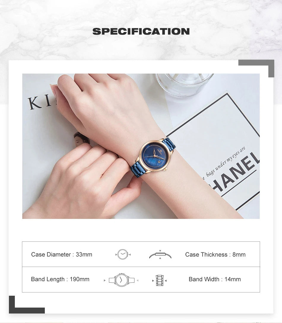 NAVIFORCE Bracelet Watch Women Brand Luxury Blue Stainless Steel Wristwatches Ladies Fashion Waterproof Date Dress Watches