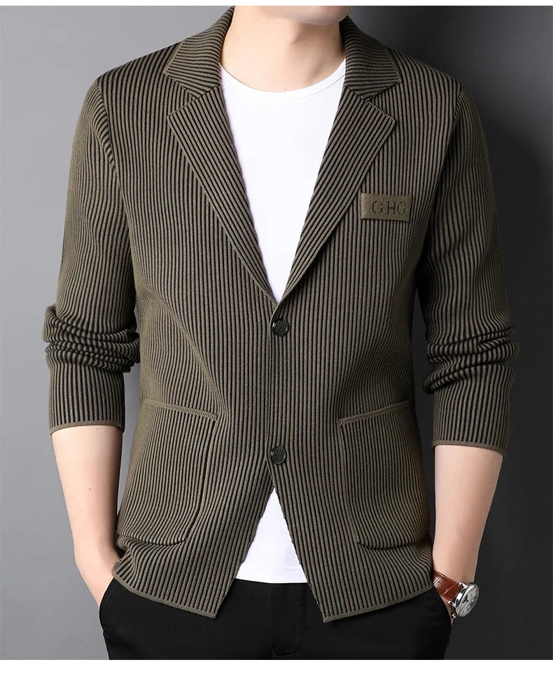 Top Grade New Brand Fashion Slim Fit Blazer Jacket Smart Elegant Stylish Knitted Suit Striped Men Coat Casual Mens Clothes 2025