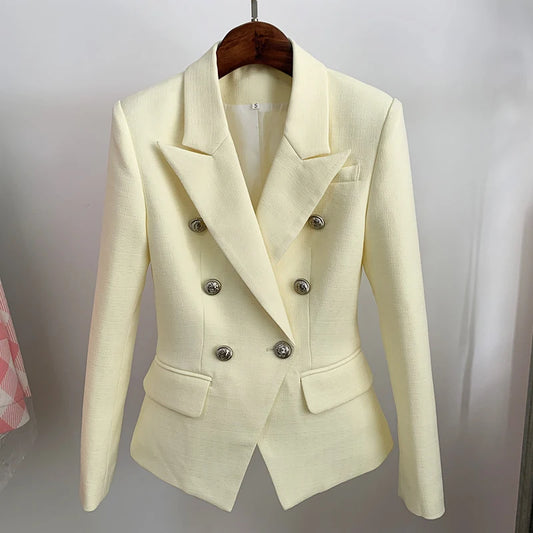 HIGH STREET Newest 2025 Classic Designer Blazer Women's Lion Buttons Double Breasted Slim Fit Textured Blazer Pastel yellow