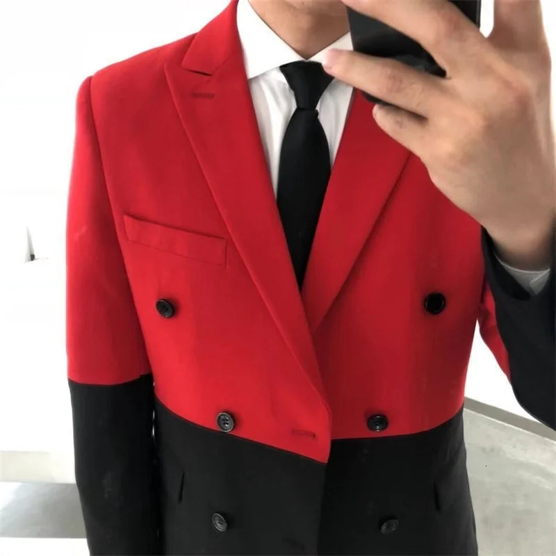 Men's Blazer Hombre Semi-Black Red White Double-Breasted Blazer Masculino Slim Wedding Prom Fashion Stitching Men's Blazer Men