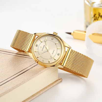 WWOOR Luxury Brand Dress Gold Watch Ladies Elegant Diamond Small Quartz Wrist Watches For Women Steel Mesh Clock zegarek damski