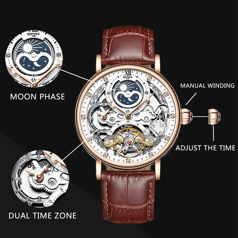 Reloj Hombre Watches Mens KINYUED Top Brand Luxury Rose Gold Skeleton Tourbillon Automatic Mechanical Watch for Men Waterproof