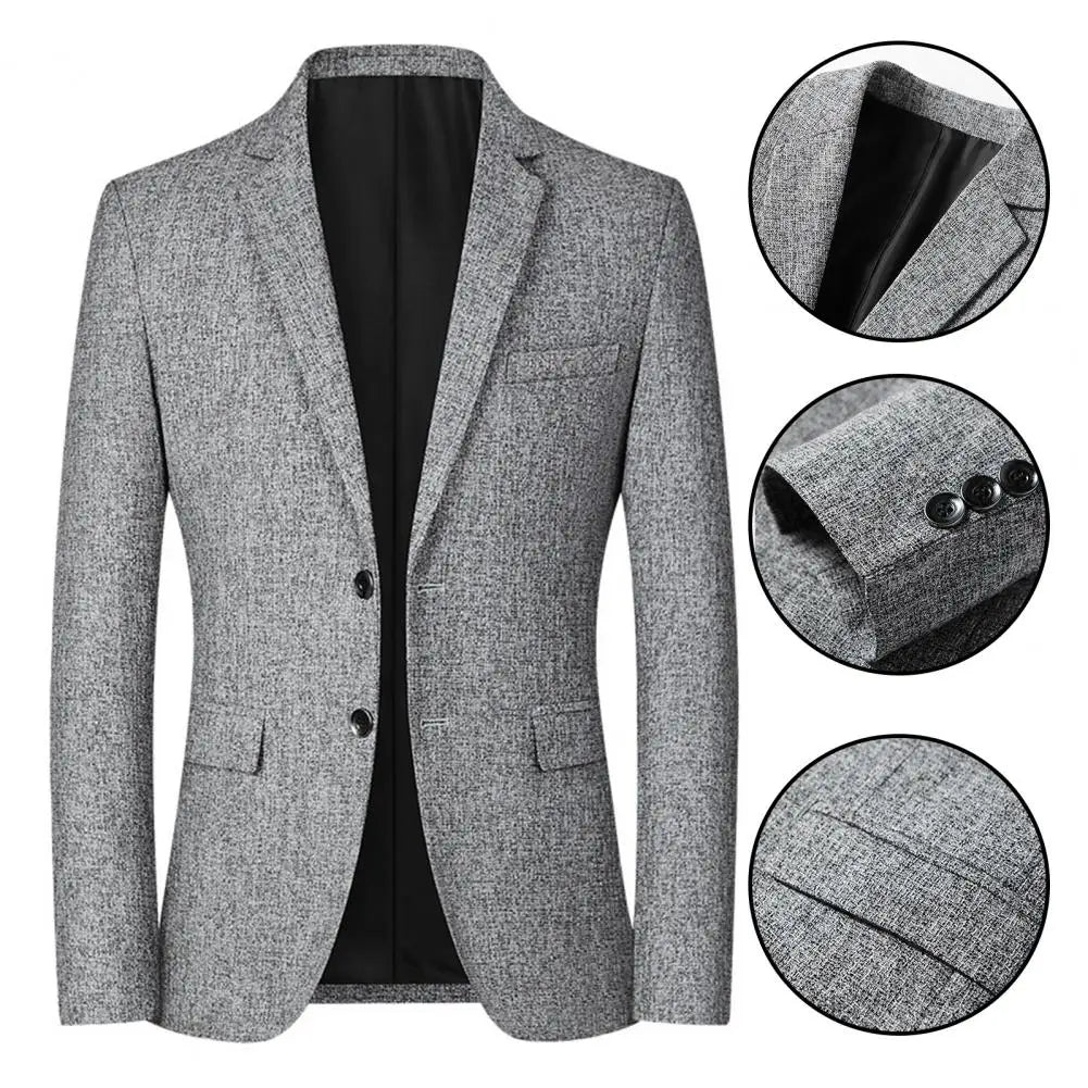 Men Blazer Solid Color Single Breasted Autumn Winter Two Buttons Pockets Suit Coat for Wedding