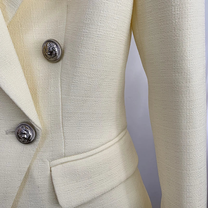 HIGH STREET Newest 2025 Classic Designer Blazer Women's Lion Buttons Double Breasted Slim Fit Textured Blazer Pastel yellow