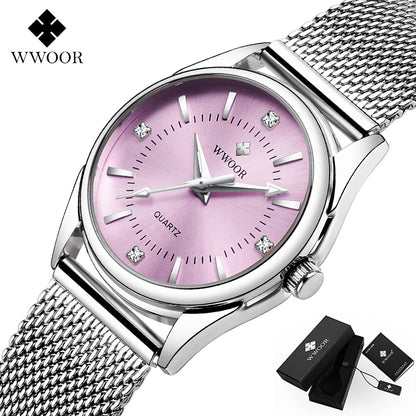 WWOOR Luxury Brand Dress Gold Watch Ladies Elegant Diamond Small Quartz Wrist Watches For Women Steel Mesh Clock zegarek damski