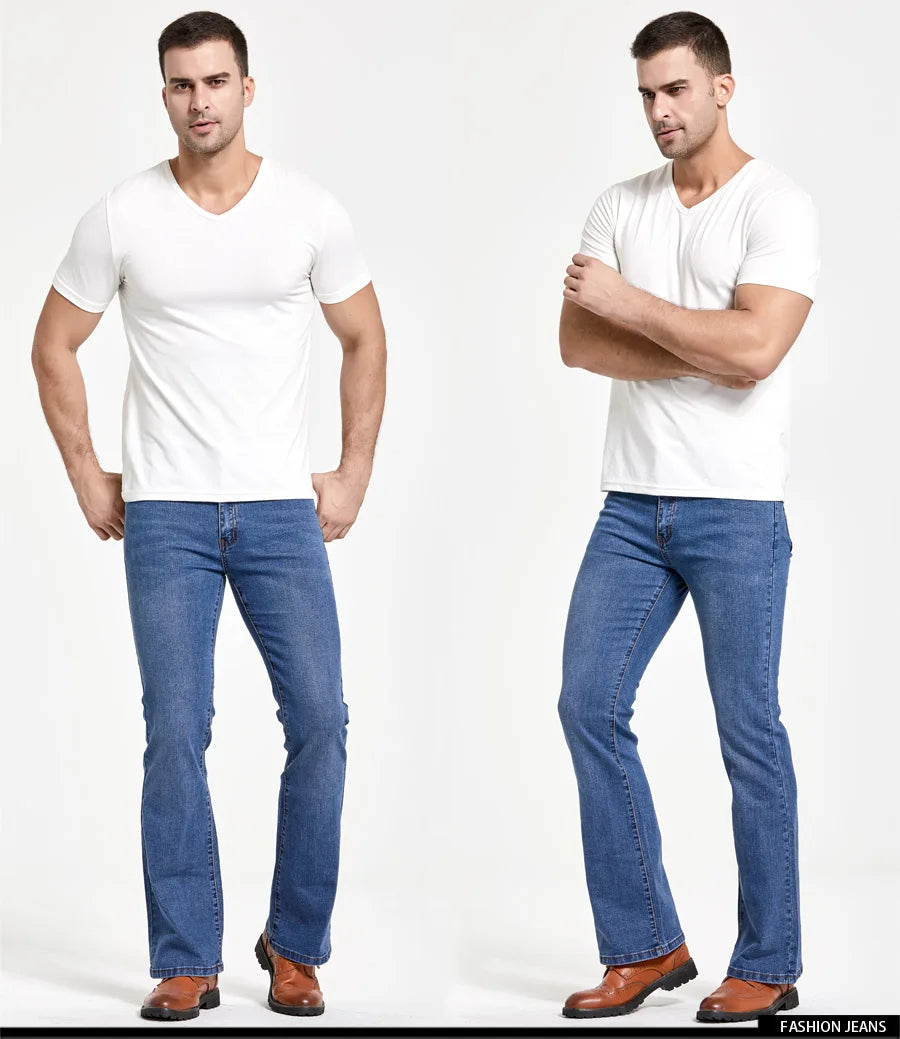 Mens Boot Cut Jeans Slightly Flared Slim Fit Blue Black Trousers Designer Classic Male Stretch Denim Pants