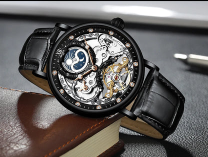 Reloj Hombre Watches Mens KINYUED Top Brand Luxury Rose Gold Skeleton Tourbillon Automatic Mechanical Watch for Men Waterproof