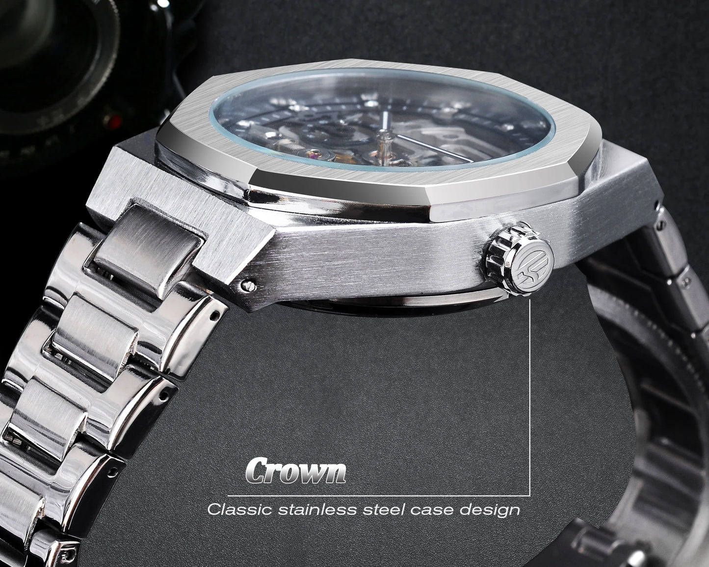 Forsining Casual Automatic Watch 3D Diamond Skeleton Hollow Mens Wristwatches Luminous Military Watches Tourbillon Montre Homme