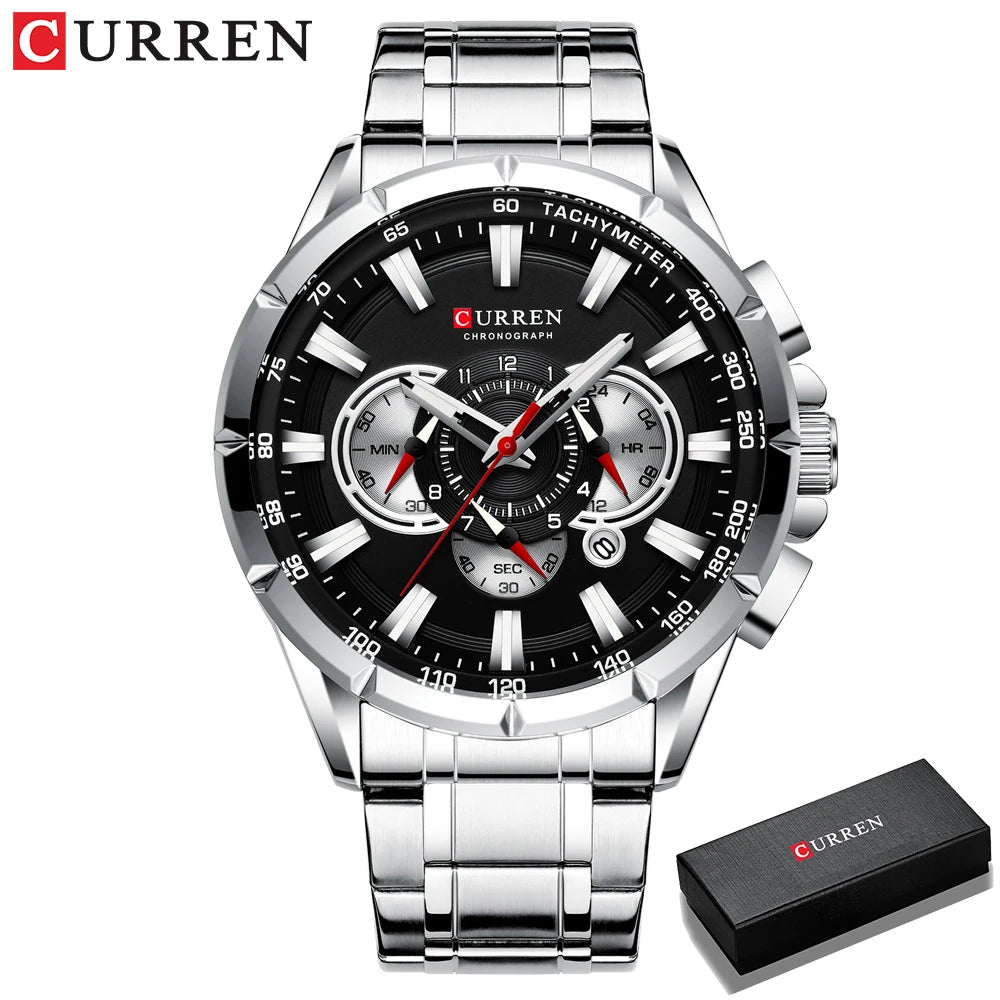 CURREN New Casual Sport Chronograph Men's Watches Stainless Steel Band Wristwatch Big Dial Quartz Clock with Luminous Pointers