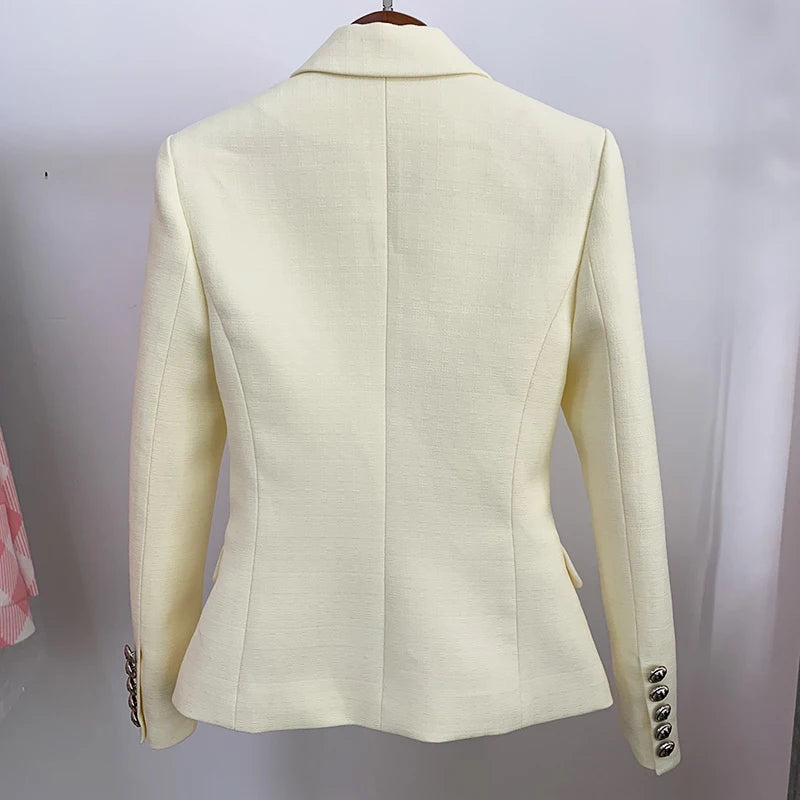 HIGH STREET Newest 2025 Classic Designer Blazer Women's Lion Buttons Double Breasted Slim Fit Textured Blazer Pastel yellow