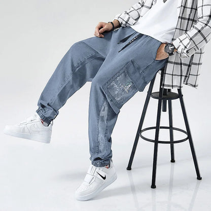 Plus Size Jeans Men Loose Joggers Streetwear Harem Jeans Cargo Pants Ankle-Length Denim Trousers