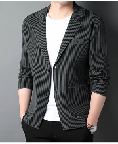 Top Grade New Brand Fashion Slim Fit Blazer Jacket Smart Elegant Stylish Knitted Suit Striped Men Coat Casual Mens Clothes 2025