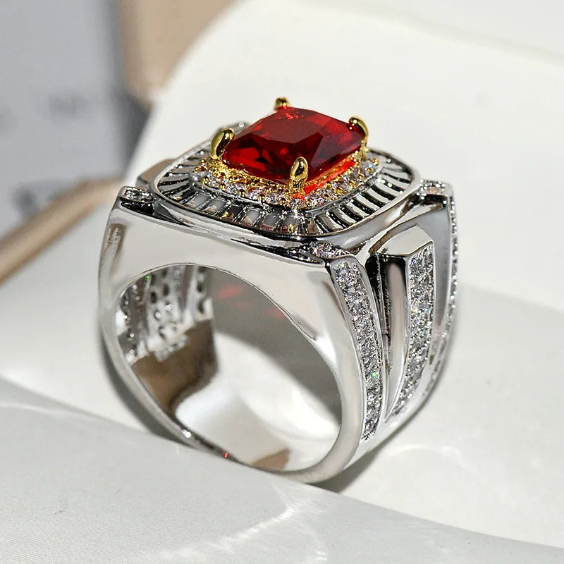 NEW Vintage Male Ring S925 Sterling Silver Red AAAAA Cz Stone Engagement Wedding Band Jewelry for Men Women Luxury Party