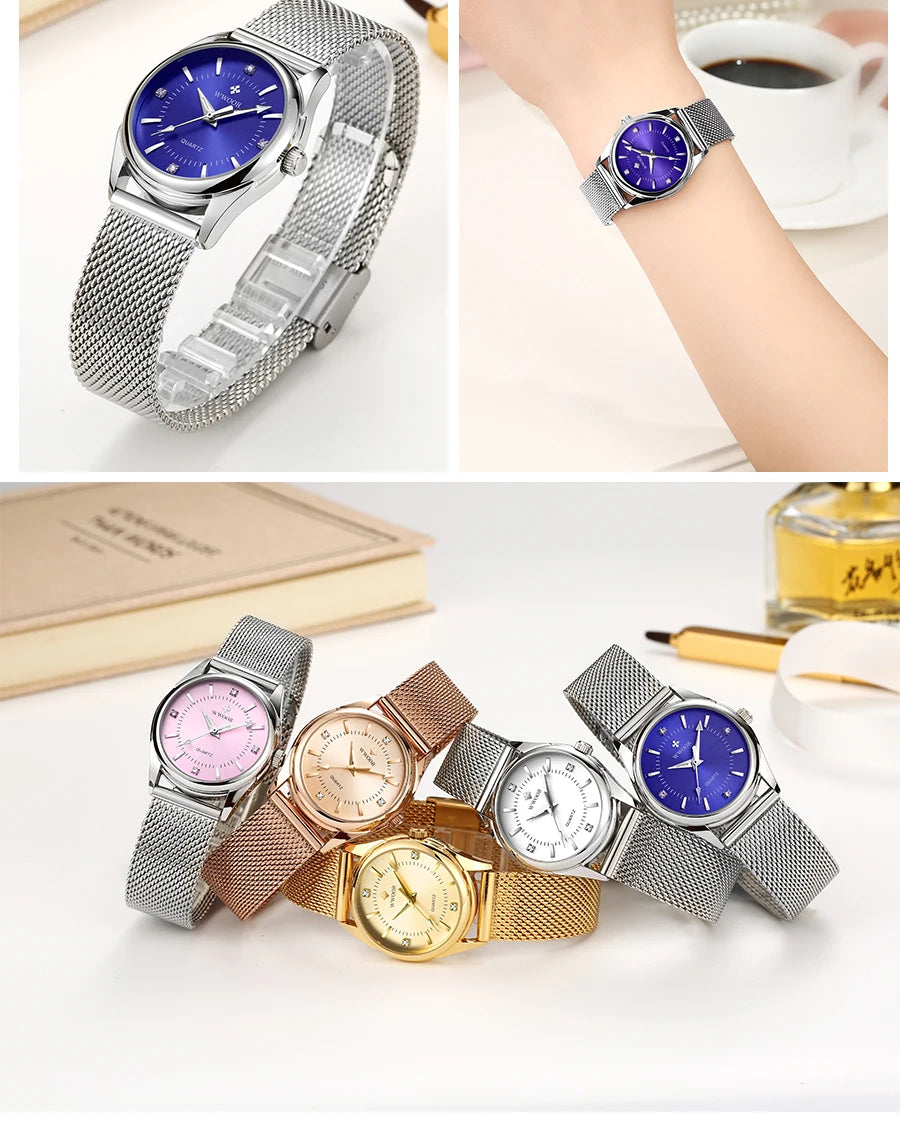 WWOOR Luxury Brand Dress Gold Watch Ladies Elegant Diamond Small Quartz Wrist Watches For Women Steel Mesh Clock zegarek damski