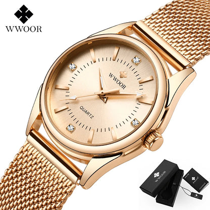 WWOOR Luxury Brand Dress Gold Watch Ladies Elegant Diamond Small Quartz Wrist Watches For Women Steel Mesh Clock zegarek damski