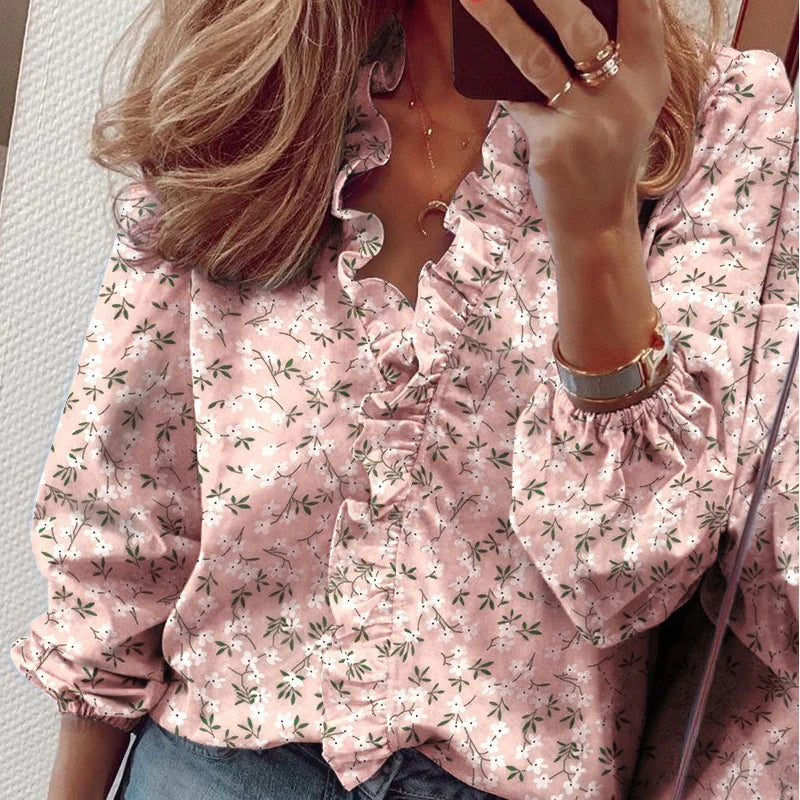 2025 Vintage Ruffles Women Blouses Autumn Long Sleeve Office Lady Elegant Tops Cotton Casual Tops V-neck Shirt Clothing