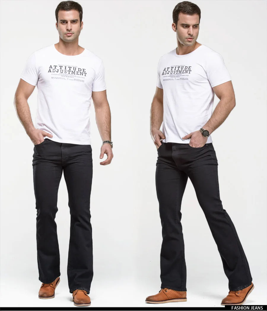 Mens Boot Cut Jeans Slightly Flared Slim Fit Blue Black Trousers Designer Classic Male Stretch Denim Pants