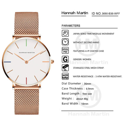 Hannah Martin Japan Quartz Movement High Quality Women Stainless Steel Mesh Rose Gold Waterproof Ladies Watch Dropshipping CB36