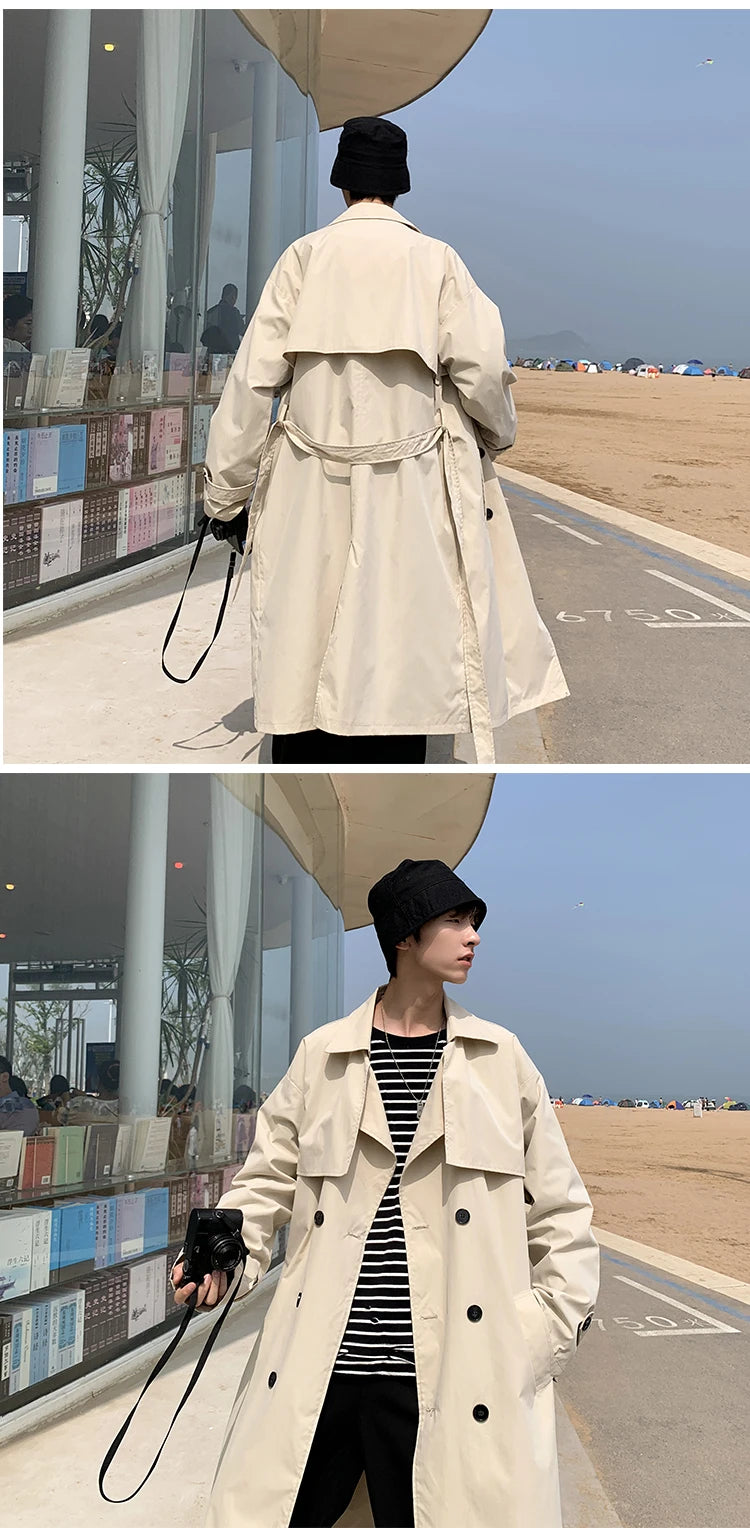 Korean style Spring Trench Coat Male Streetwear Windbreaker Trenchcoat Men Solid Business Casual Loose Long Overcoat