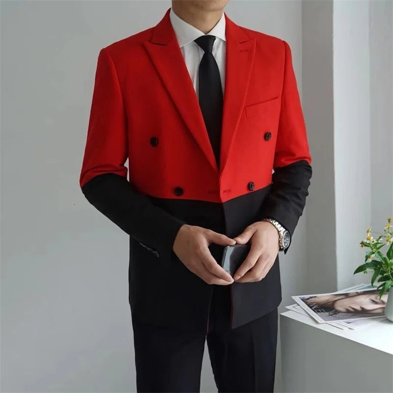 Men's Blazer Hombre Semi-Black Red White Double-Breasted Blazer Masculino Slim Wedding Prom Fashion Stitching Men's Blazer Men