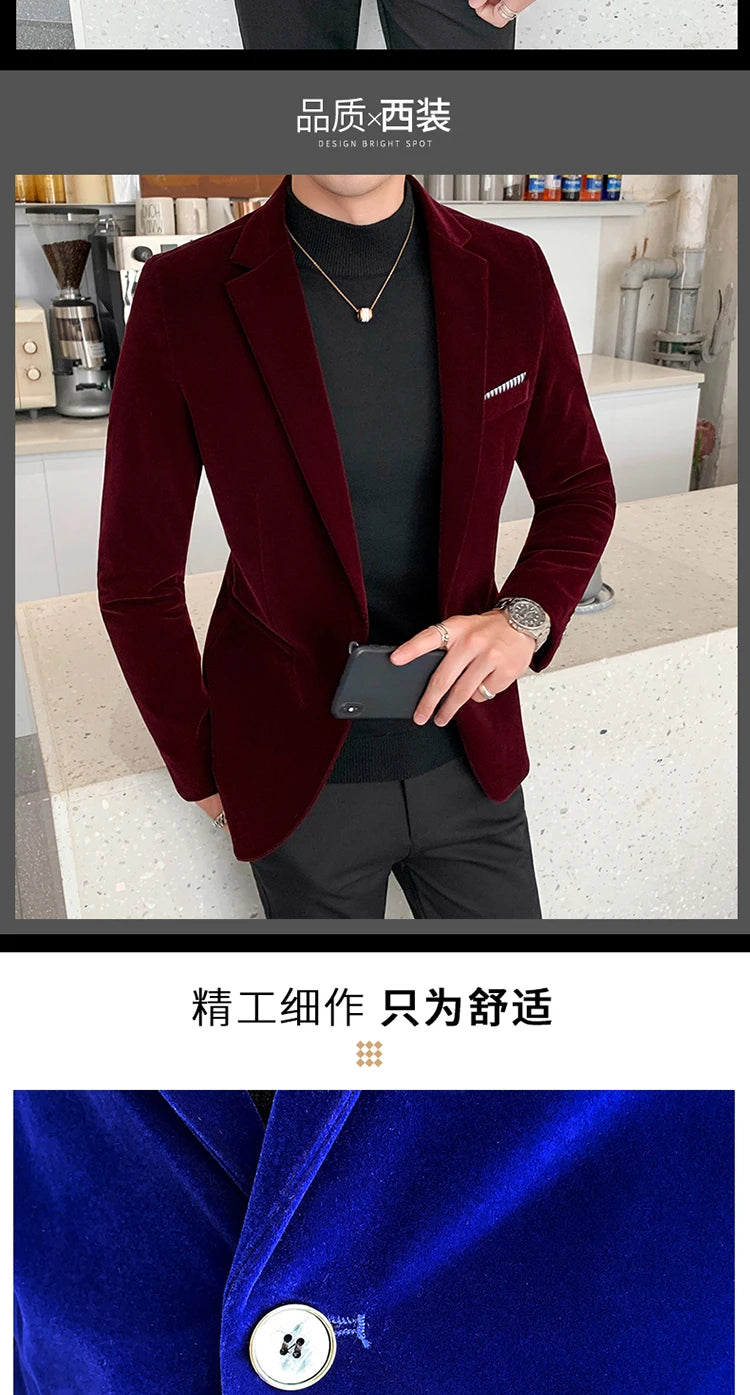 Burgundy Velvet Blazer Men 2022 Fashion Casual Blazer Men Wedding Groom Singer Costume Slim Blazer Formal Evening Dress M-5XL