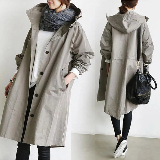 Women's Long Trench Coat with Pocket, Hooded Windbreaker, Monochromatic, Outerwear, Female Clothing, Autumn