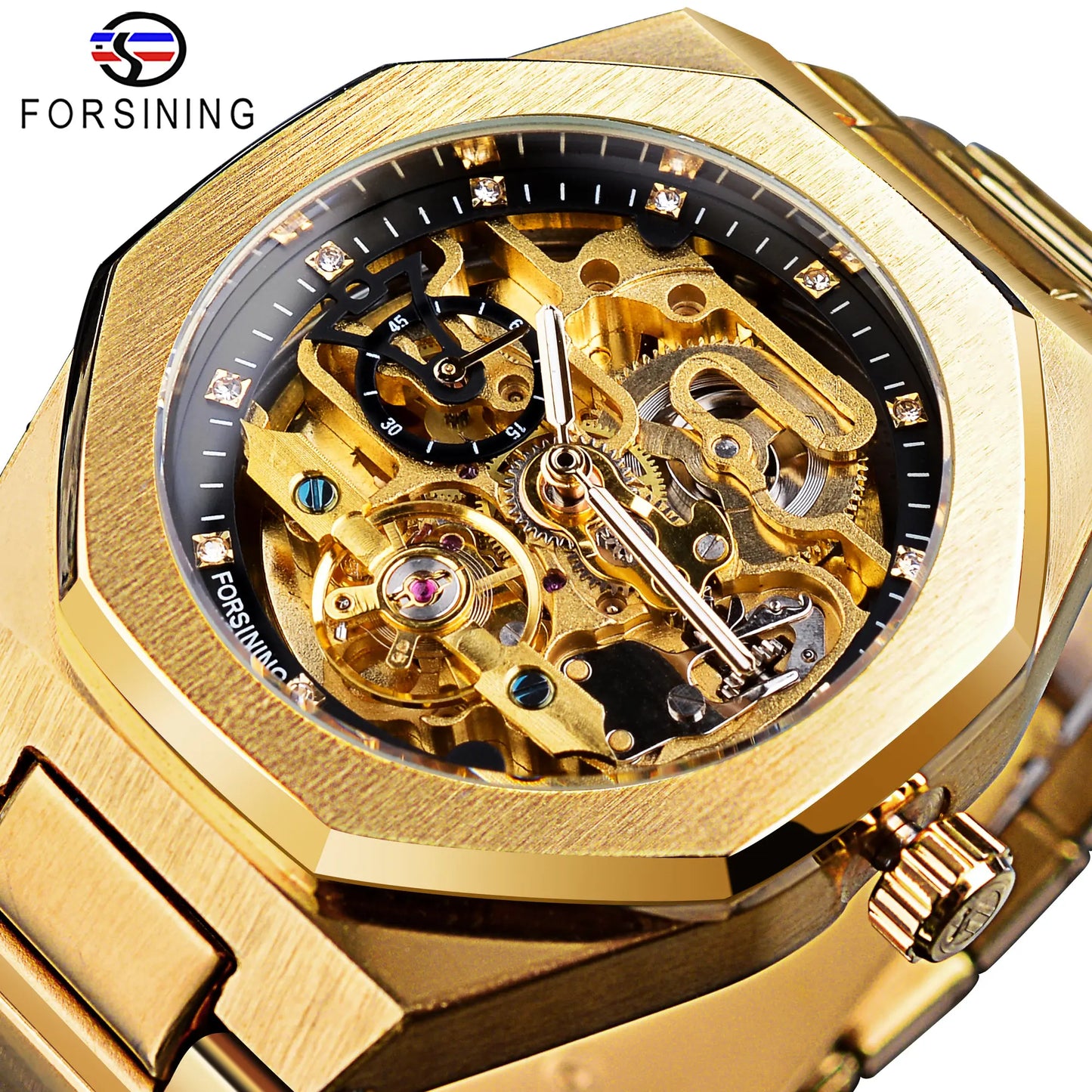 Forsining Casual Automatic Watch 3D Diamond Skeleton Hollow Mens Wristwatches Luminous Military Watches Tourbillon Montre Homme