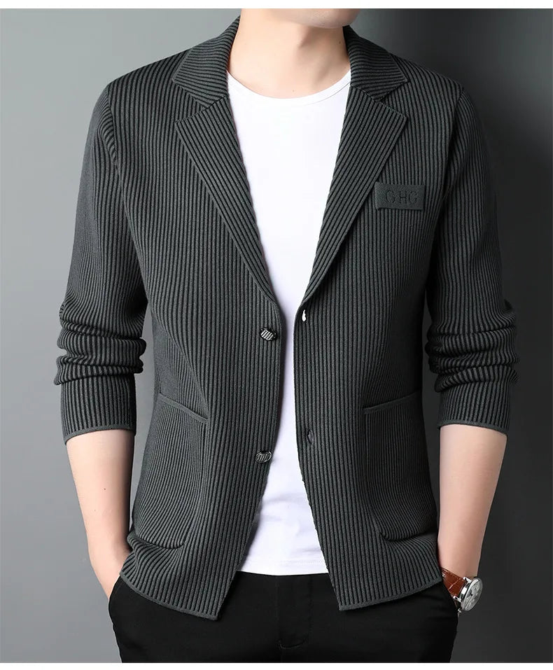 Top Grade New Brand Fashion Slim Fit Blazer Jacket Smart Elegant Stylish Knitted Suit Striped Men Coat Casual Mens Clothes 2025