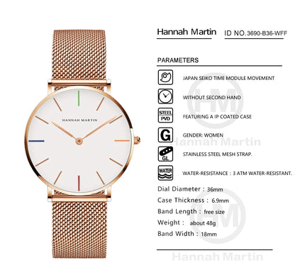 Hannah Martin Japan Quartz Movement High Quality Women Stainless Steel Mesh Rose Gold Waterproof Ladies Watch Dropshipping CB36