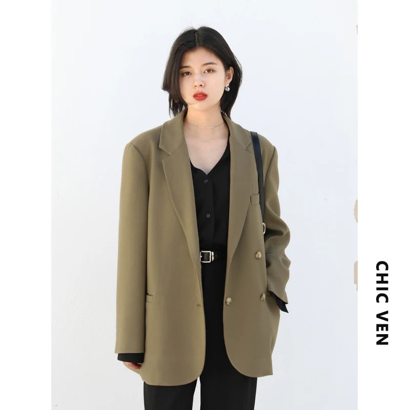 CHIC VEN 2025 Fashion Women's Blazer Office Lady Long Sleeve Double-breasted Mid-length Casual Coat Ladies Outerwear Stylish Top