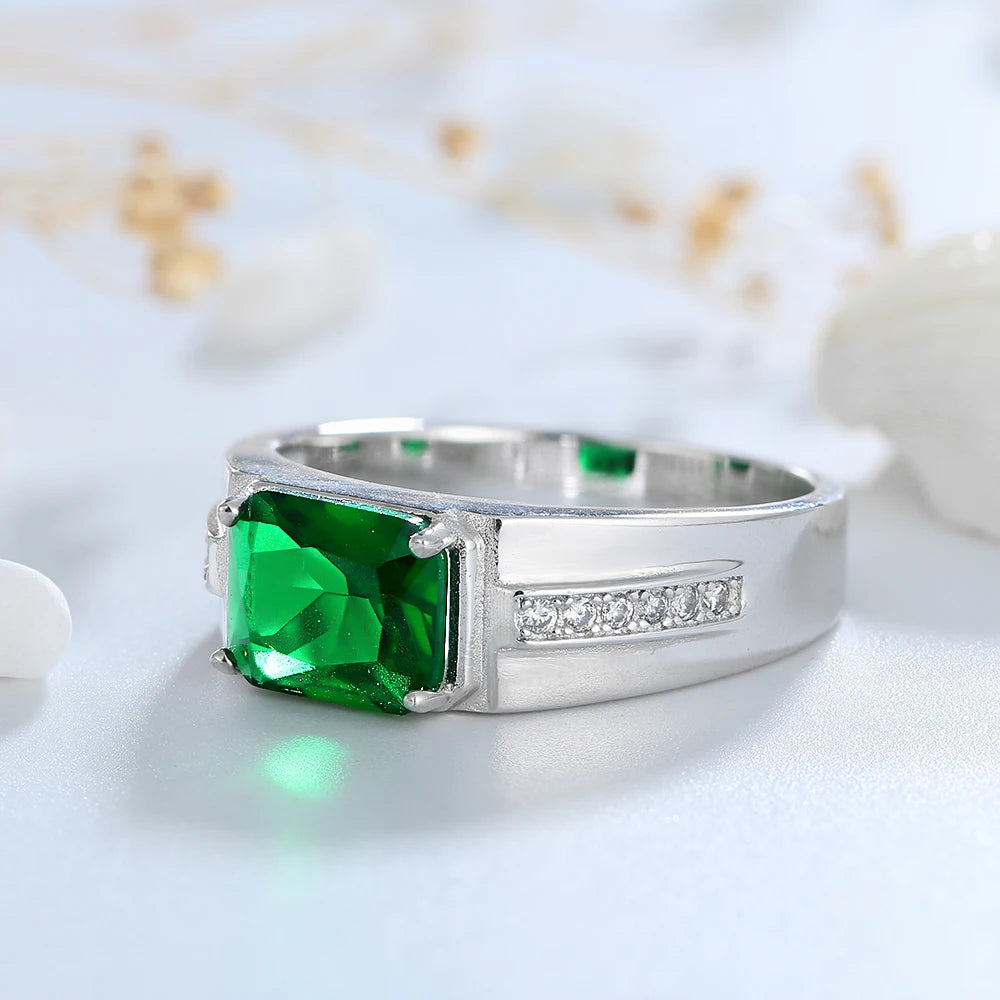 Genuine 925 Sterling Silver Men's Ring Main Stone Rectangular 8*10MM Green Zircon Finger Rings Gift Party Fine Jewelry