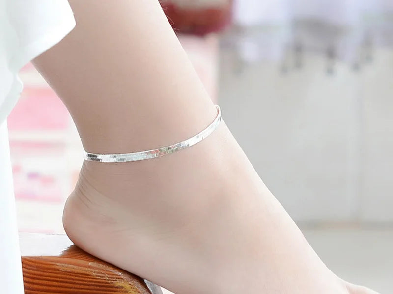 Hot 925 Sterling Silver Unisex Simple Flat Snake Anklets Women Jewelry Punk Rock Glossy Blade Style Bare Foot Chain Bracelets