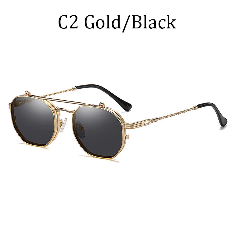 2024 Vintage SteamPunk Style Tint Ocean Lens Metal Sunglasses Flip Up Clamshell Brand Design Sun Glasses Oculos De Sol 8080