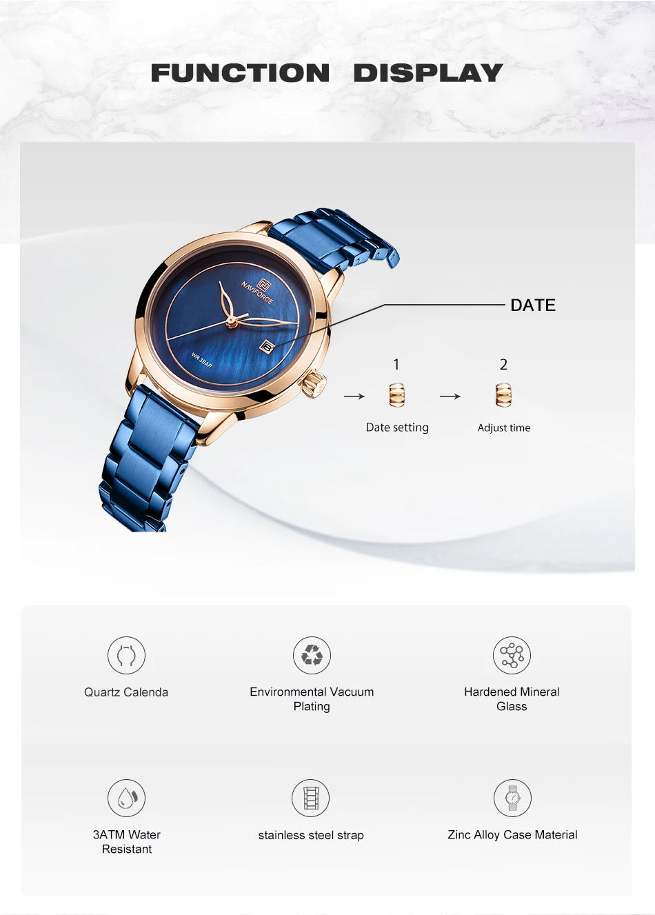 NAVIFORCE Bracelet Watch Women Brand Luxury Blue Stainless Steel Wristwatches Ladies Fashion Waterproof Date Dress Watches