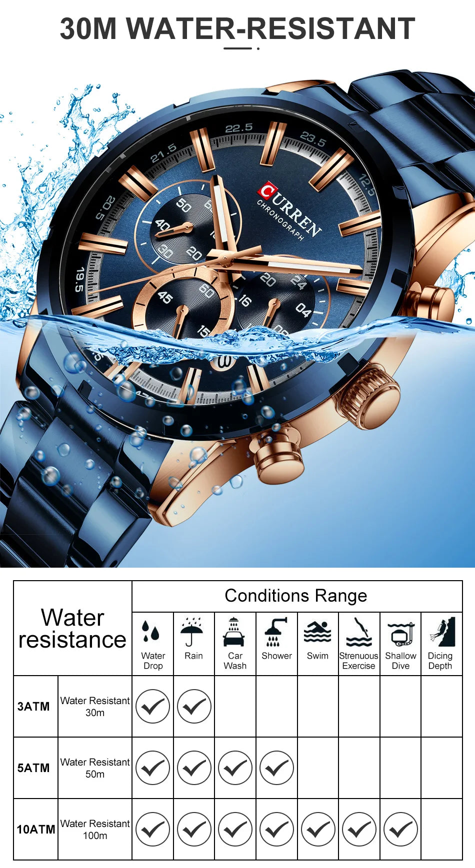 CURREN Men Watch Top Brand Luxury Sports Quartz Mens Watches Full Steel Waterproof Chronograph Wristwatch Men Relogio Masculino